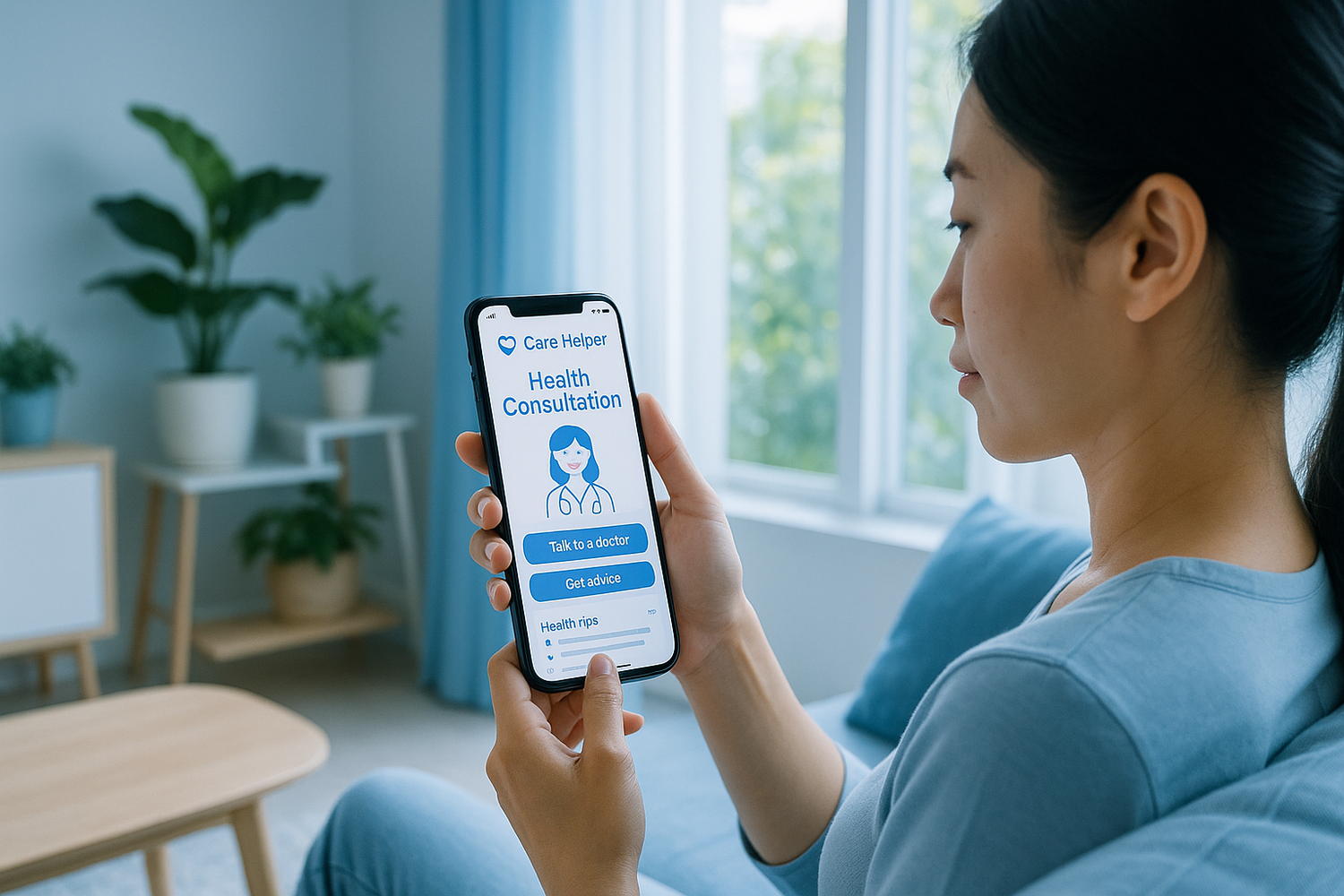 In today's age of overwhelming health information, making decisions about the care of yourself or a loved one can be complex. Care Helper Asian's health consultation service listens to your symptoms, provides initial treatment information for decision-making, and helps you coordinate the most appropriate care for you and your loved one, all via mobile. The atmosphere is bright with natural light in a soft blue tone.
